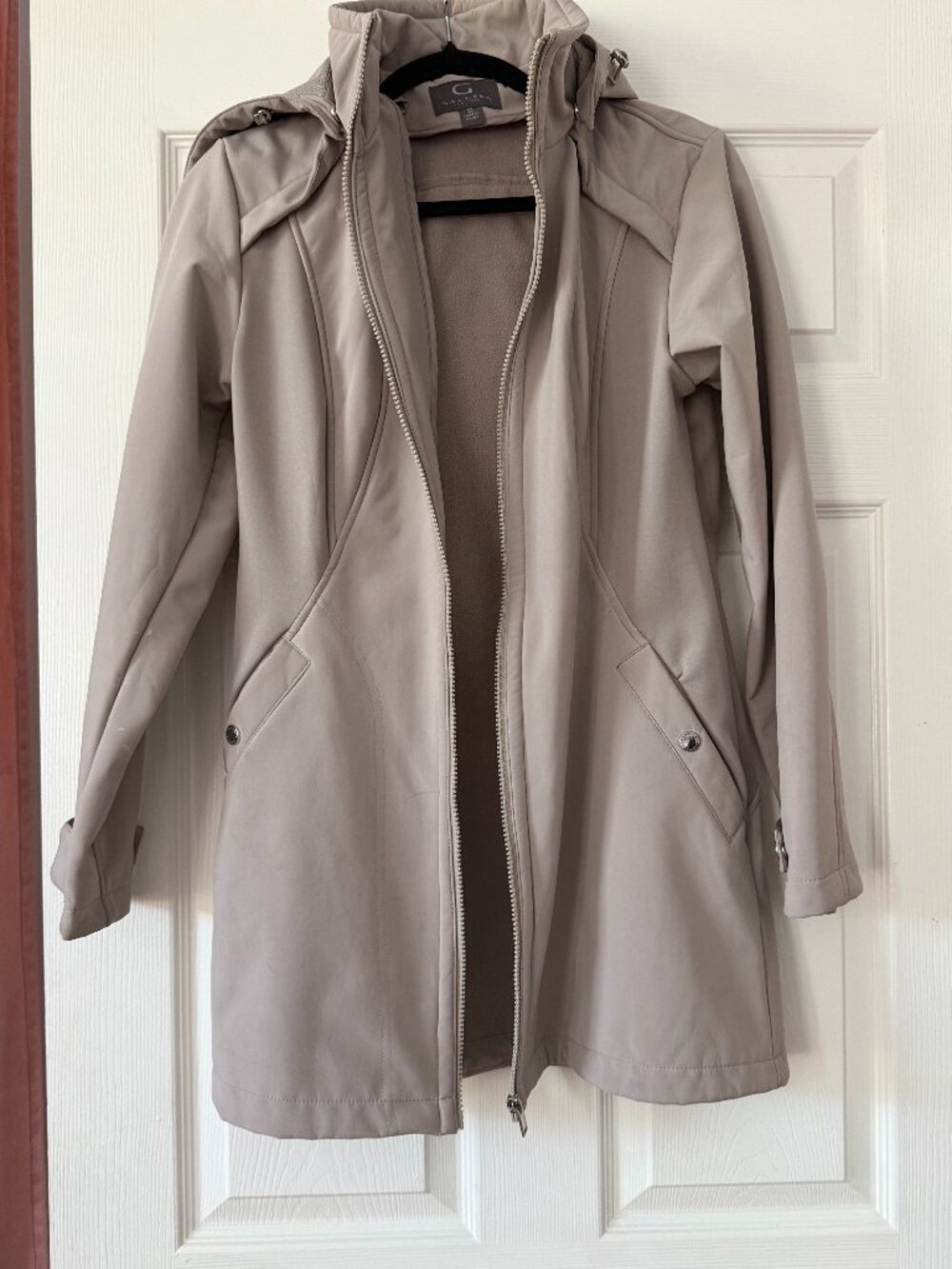 Gallery New York Taupe Hooded Softshell Coat Size M | Water Resistant Jacket